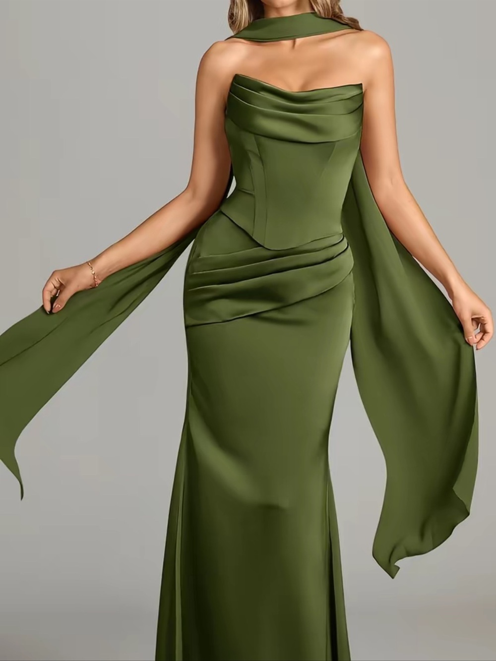 Azazie Olive Green Strapless Corset Gown with Draped Scarf